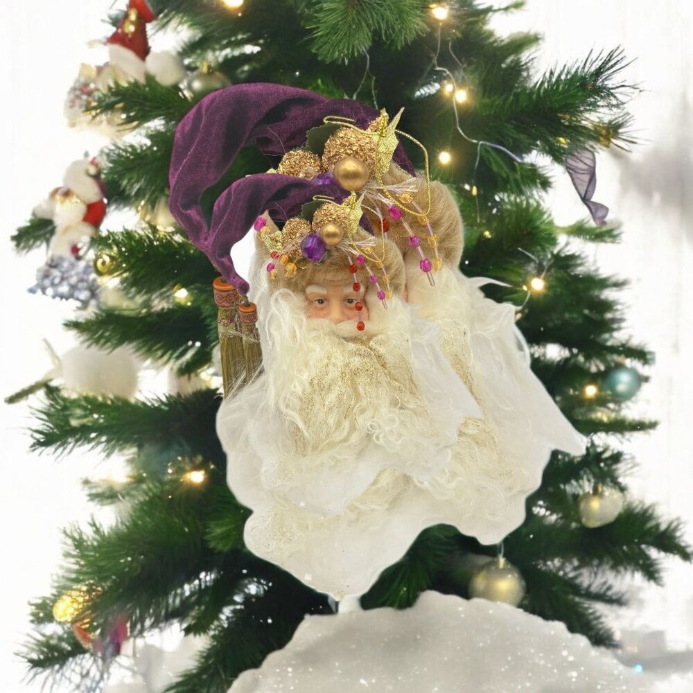 Old World Santa Claus Christmas Tree Ornament Purple Velvet Hat Gold Glitter Vtg